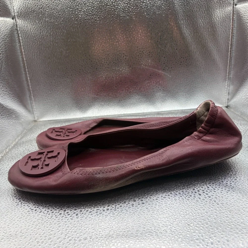 Size 11 M Tory Burch Minnie Burgundy Womens Leather Logo Travel Ballet‎ Flats